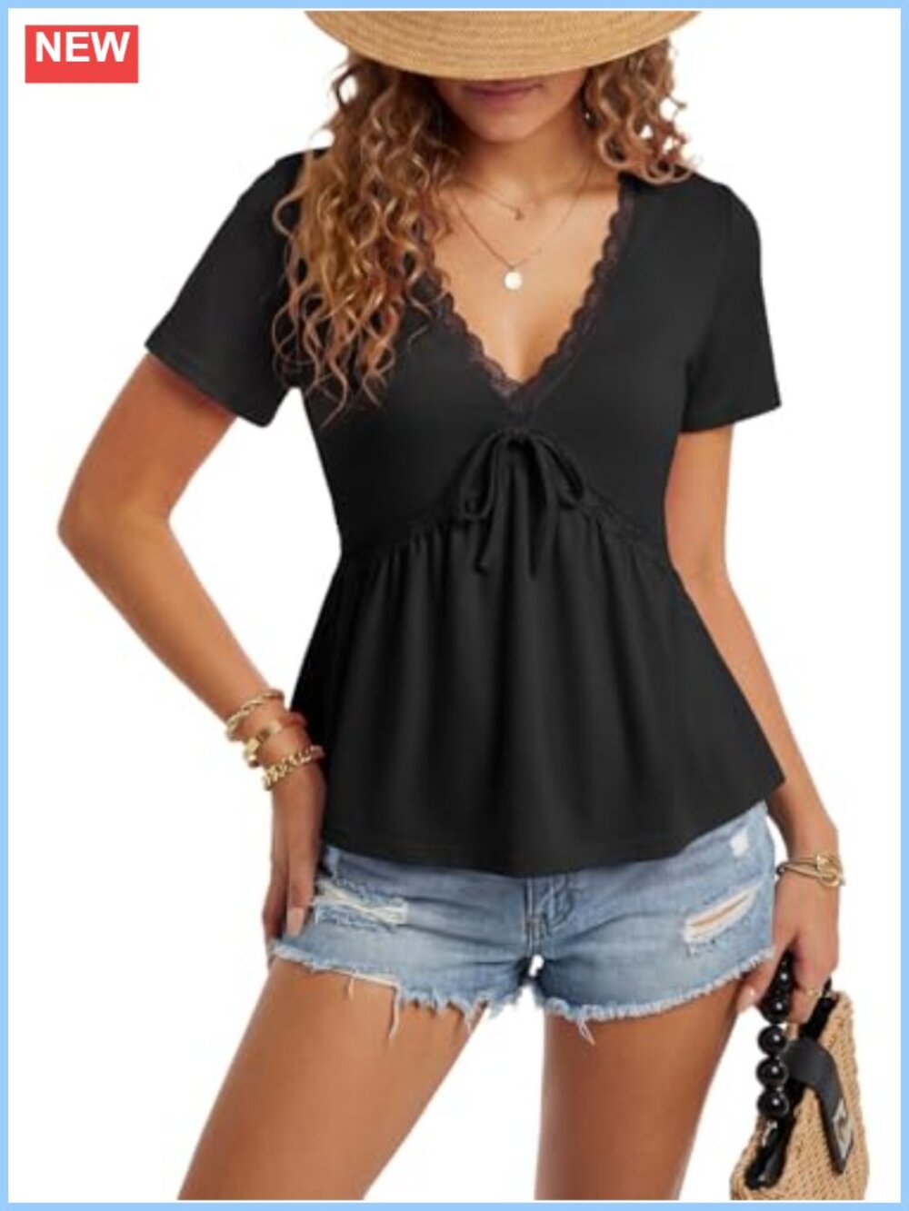 Lace Trim V Neck Babydoll Blouse Short Sleeve Peplum Top